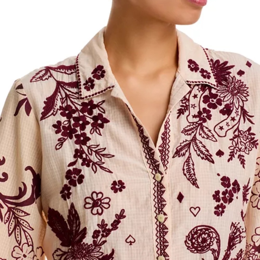 Johnny Was Cream and Burgundy Floral Blouse